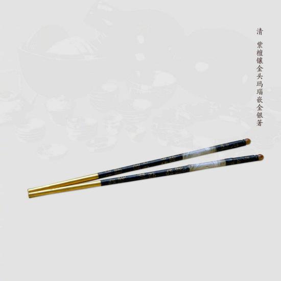 清 紫檀镶金头玛瑙嵌金银箸