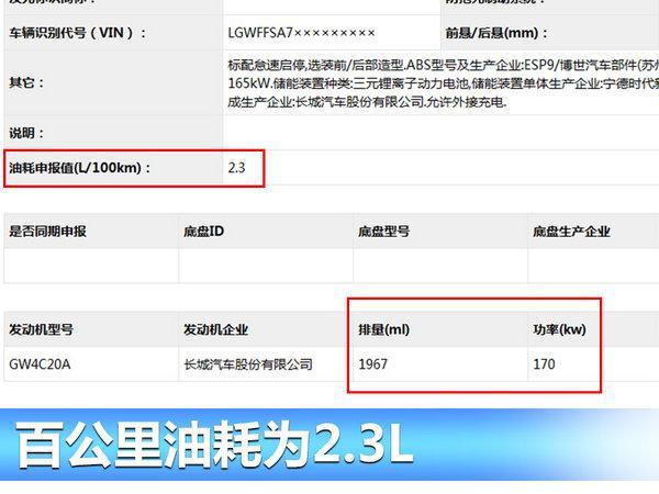 长城WEY插电混动SUV将上市 百公里油耗2.3L