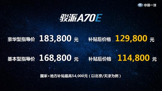 补贴后售价11.48~12.98万，天津一汽骏派A70E上市