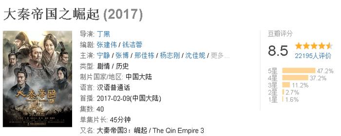 豆瓣评分前十的历史剧, 《大秦帝国》三部曲全上榜, 第一实至名归