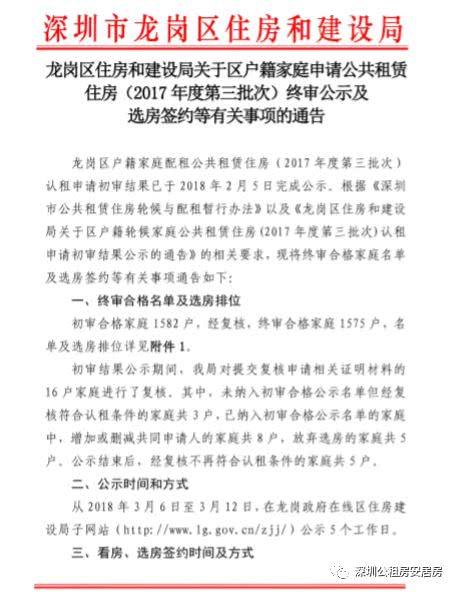 龙岗2017年第三批区级公租房终审公示及选房