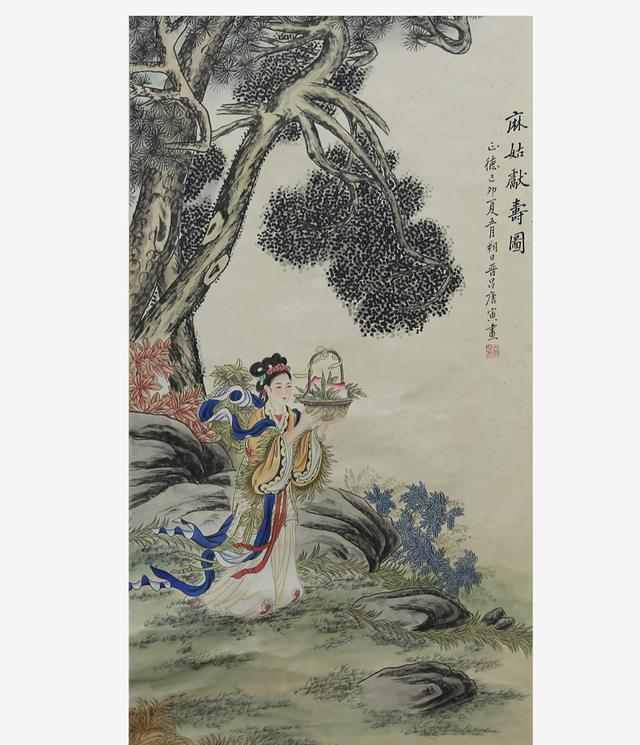 古美術 刺繍画 明時代 「麻姑献寿」 掛屏 額縁 額装書画 唐物 時代物