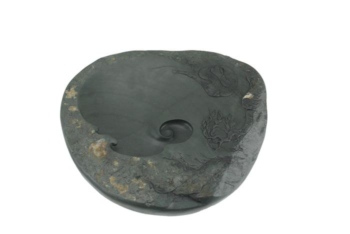 門字硯 五台山緑石】◇微群点状波紋の潤緑美石◇七吋加厚◇唐木共箱