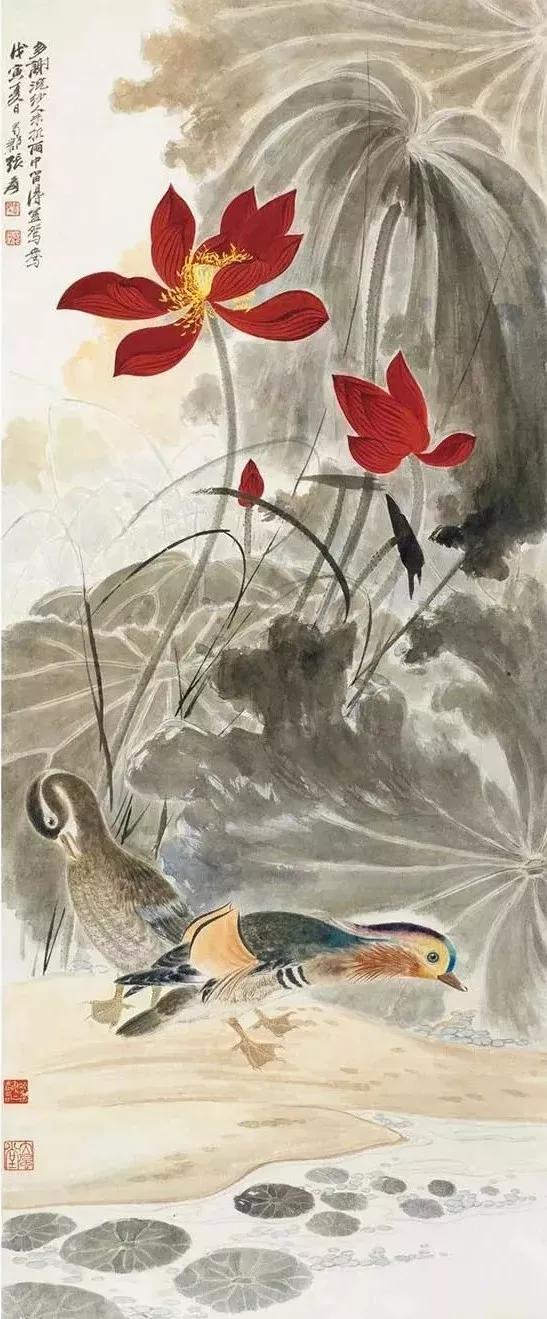 真作】中国書画『近現代画家張大千・荷塘鴛鴦画・三尺中堂画・絹布』絹