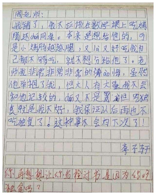 小学生写检讨书，文章里藏句子被圈出来，暗自较劲“老师我不服”