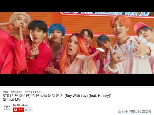 防弹少年团《Boy With Luv》Youtube点击数突破7亿