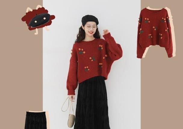过年新衣推荐毛衣+半裙，酒红色毛衣喜庆显白，看得都心动了
