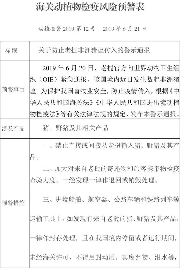 国家海关总署发布警示通报防止老挝非洲猪瘟传入