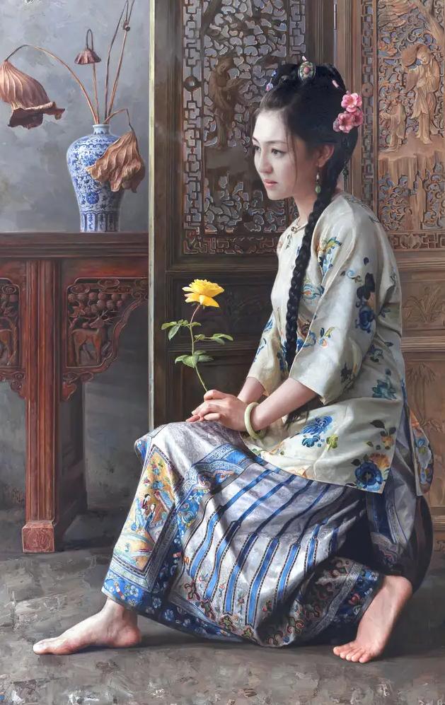 王明月笔下的中国古代女性油画，画中女性具有东方女子的含蓄之美