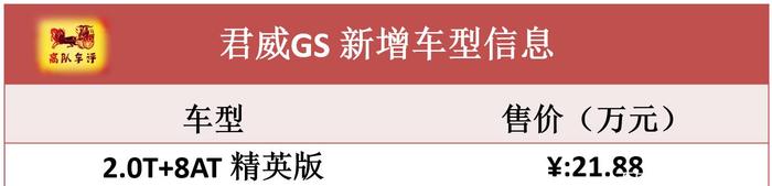 君威GS精英版上市，售21.88万元，降低2.0T车型门槛