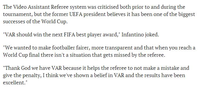 国际足联主席盛赞VAR最佳球员 外界回应：减少误判却造更多争议