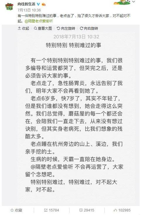 《向往的生活》老点去世，节目组表达歉意，网友：太心酸