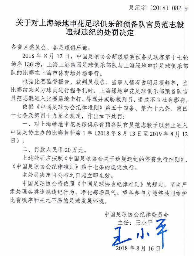 重磅罚单！范志毅因打骂、威胁裁判，被足协禁赛1年+罚款20万元