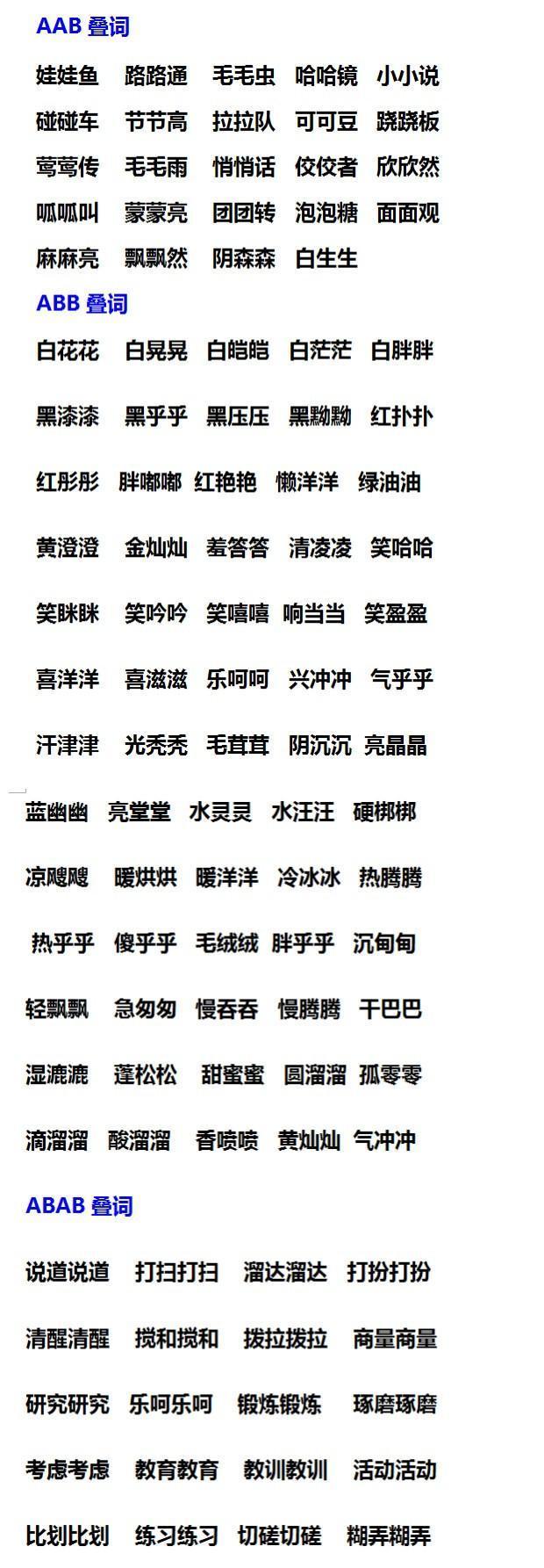 小学语文“叠词”汇总，AAB、ABB、ABAB、ABCC，快为孩子收藏