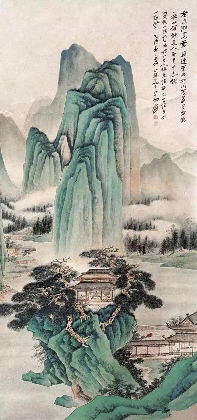 张大千的青绿山水画，真消暑！