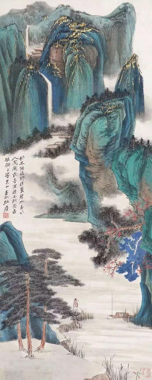 张大千的青绿山水画，真消暑！