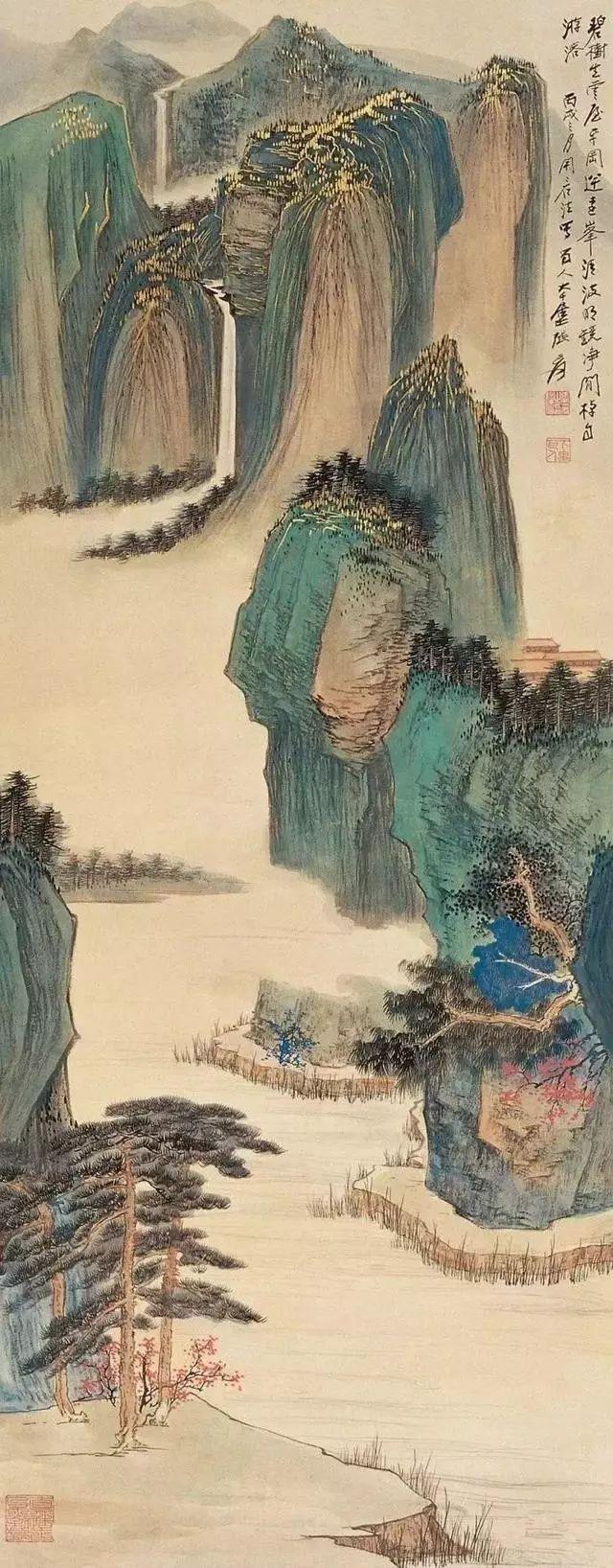 张大千的青绿山水画，真消暑！