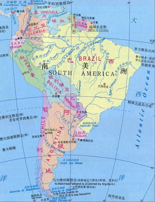 南美洲人口最多的五个国家，其中巴西是唯一一个人口超1亿的国家