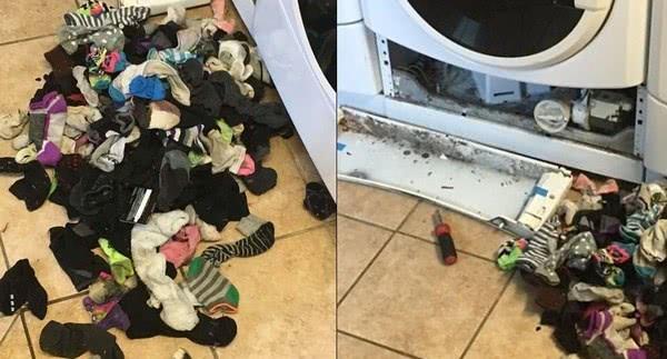 洗衣机“吃袜子”被证实！网友拆机维修，露出大堆“单脚袜”