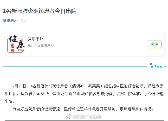 惠州又有一名新冠肺炎患者出院