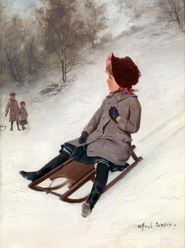 插画：挪威艺术家Axel Hjalmar Ender作品-冬天的乐趣