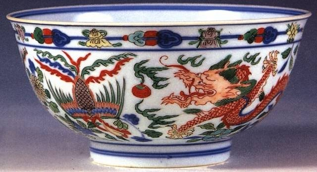 中国陶瓷◇「 清◇ 青花 五彩 龍鳳紋碗◇ 」極細工 唐物 中国