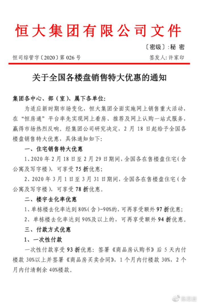 重磅！许家印签字确认！恒大全国在售楼盘住宅75折优惠