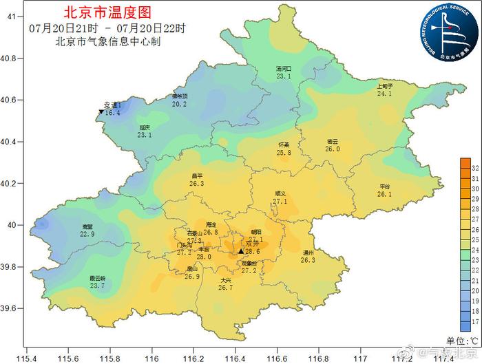 北京时间22:00，城区大部分地区气温仍在27~28℃