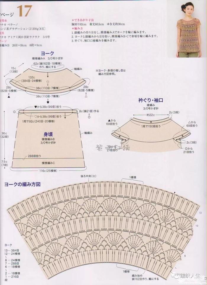 从上往下钩女士钩针段染圆肩夏衣（附图解）