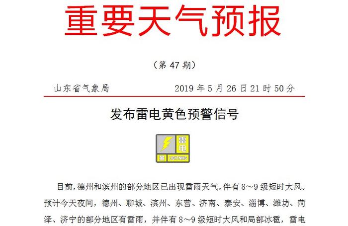 山东发布雷电黄色预警信号 今天夜间济南德州等10市有雷雨