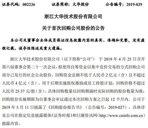 大华股份首次回购公司股份 斥资近5000万元