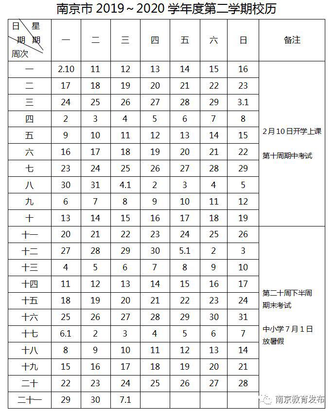 南京2019-2020学年度中小学校历出炉：秋季学期9月2日开学，明年1月18日放寒假