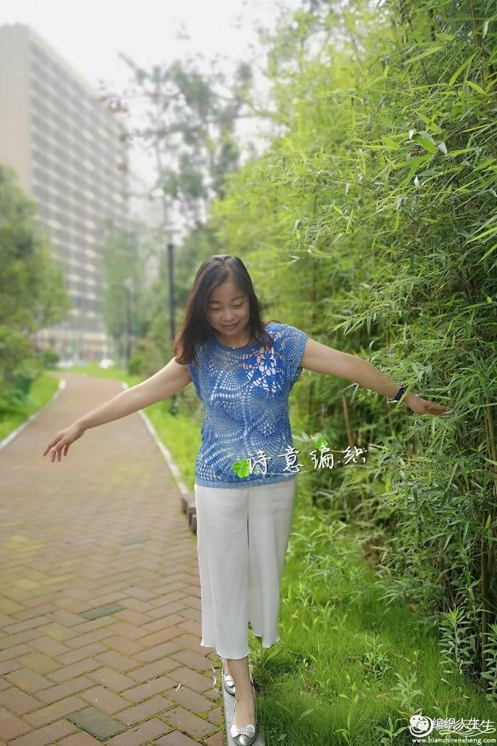 蓝莲：从中心开始钩的女士钩针菠萝花长段染短袖套头衫（附图解）