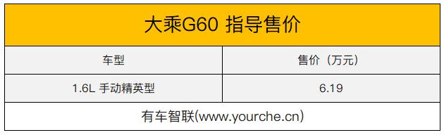 售6.19万元/满足国六排放 大乘G60新车型上市