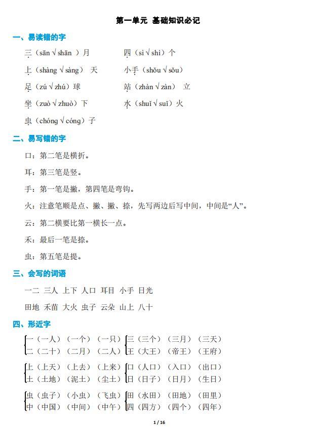 送！部编版1-3年级语文上册全册知识点汇总，可打印