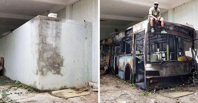 破墙壁变身废弃巴士，超级写实的3D街头艺术令人惊叹