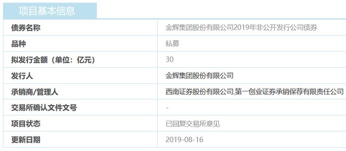 金辉集团：30亿元非公开发行公司债券 已回复交易所意见