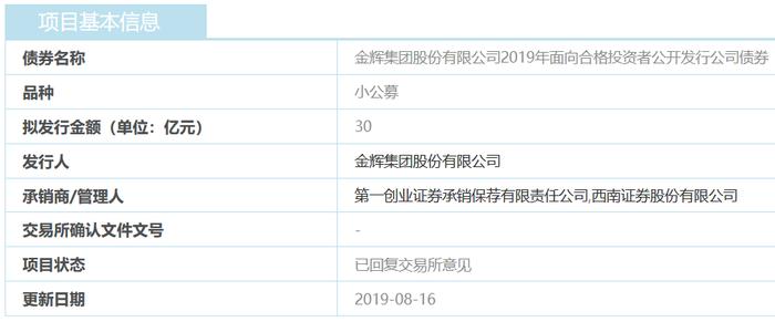 金辉集团：30亿元小公募公司债券 已回复交易所意见