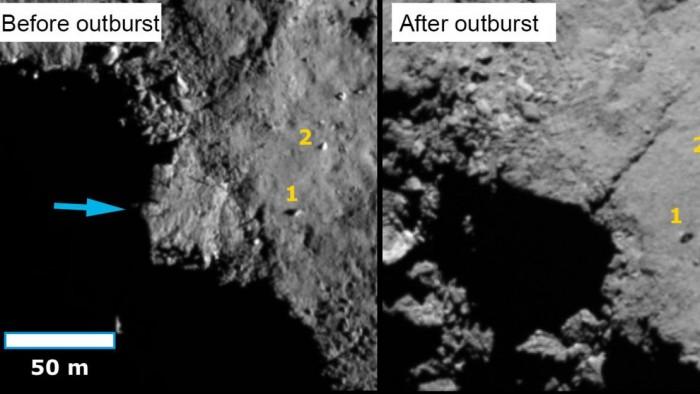 罗塞塔号探测器发回的图像显示67P彗星上的反弹巨石