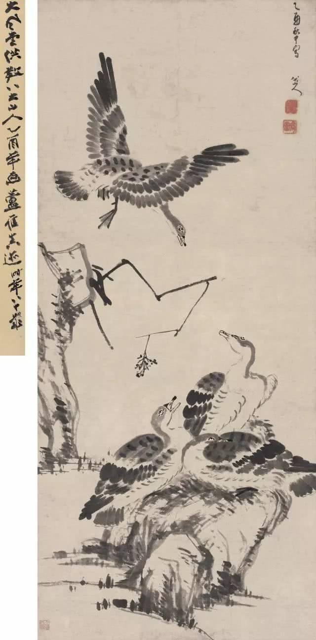 清代八大山人手絵鶴画絹本掛軸-