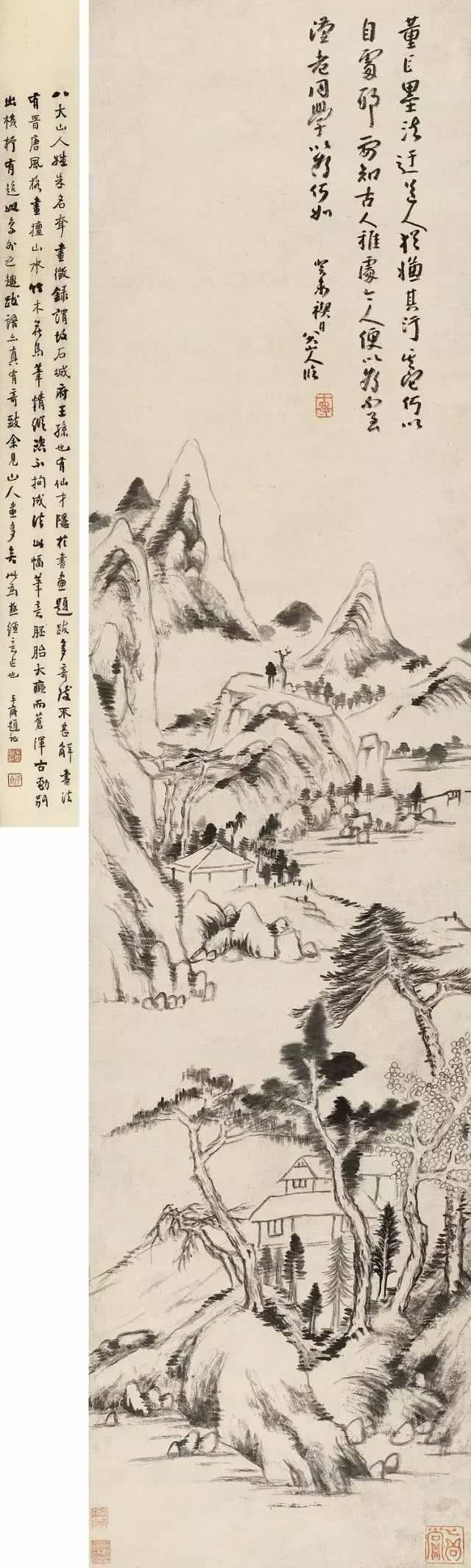 清代八大山人手絵鶴画絹本掛軸-