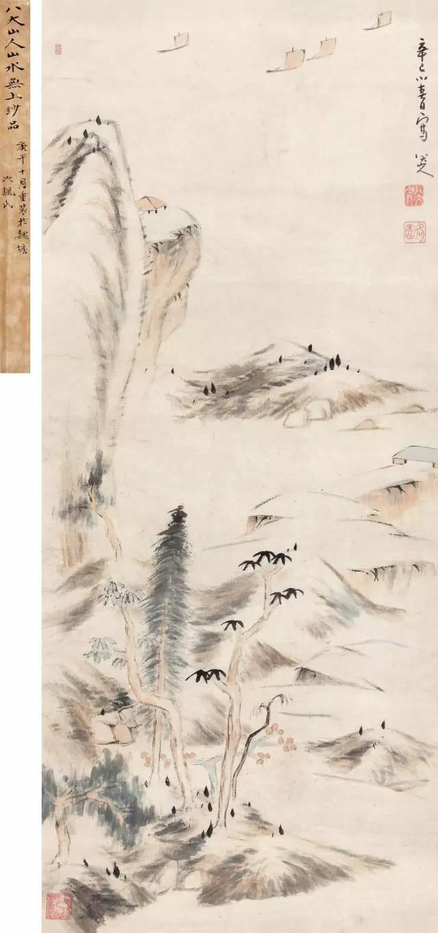 清代八大山人手絵鶴画絹本掛軸-