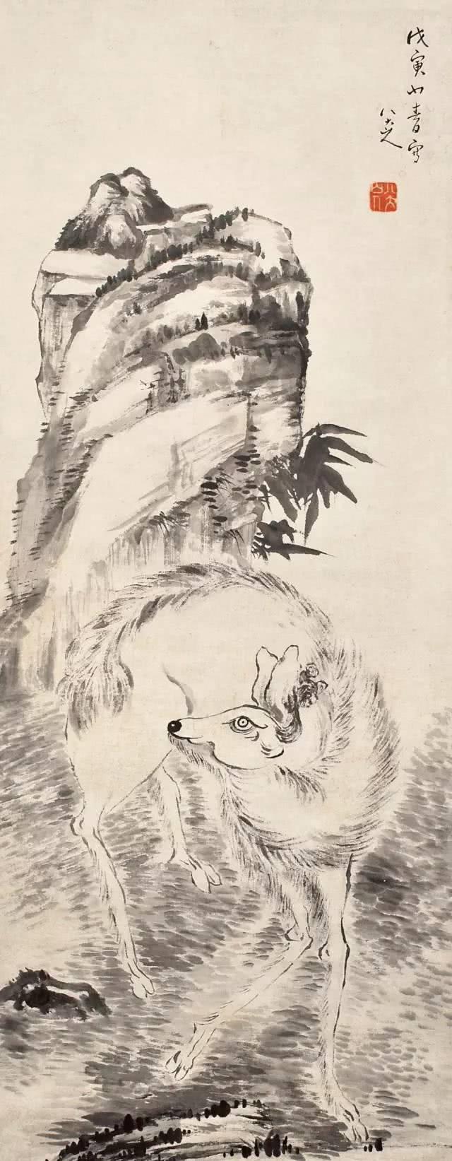 清代八大山人手絵鶴画絹本掛軸-