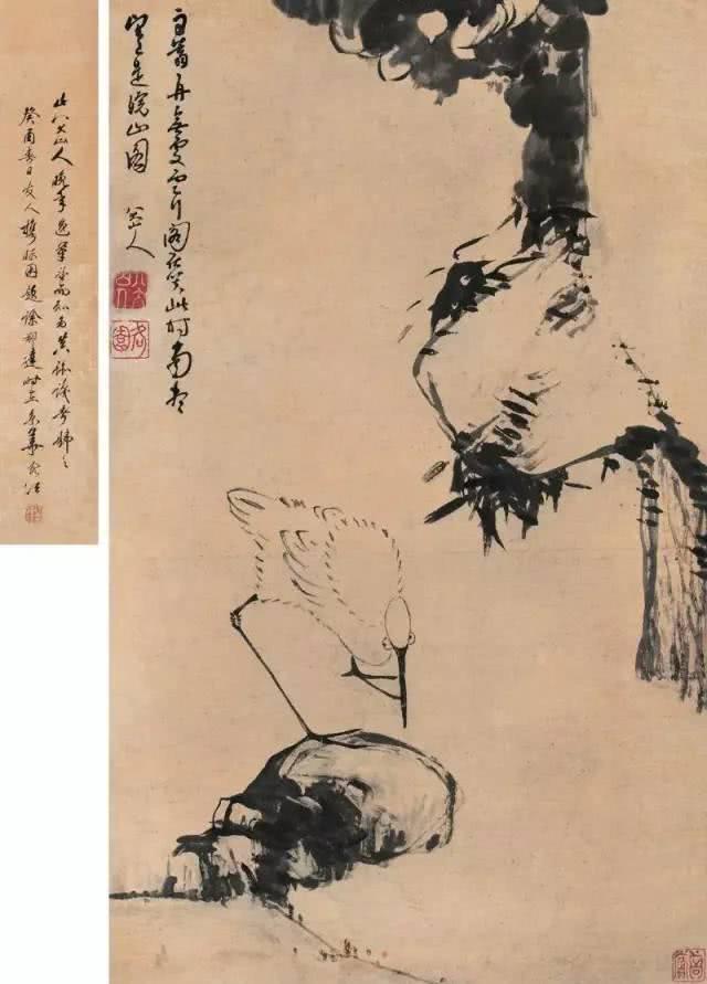 清代八大山人手絵鶴画絹本掛軸-