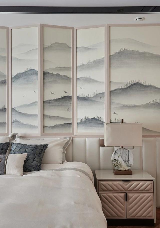 190㎡中式复式，卧室装折叠屏风背景墙，最忆古风诗画
