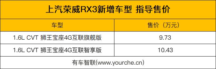 增配儿童安全座椅 荣威RX3新增车型上市售9.73万元起