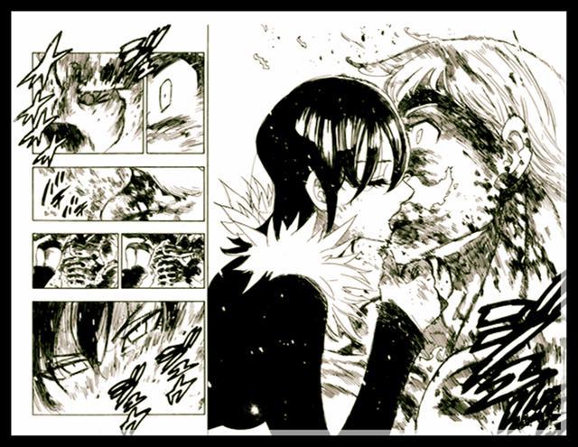 《七大罪》漫画333话，艾斯卡诺燃尽自己并且去世，玛琳深情吻别