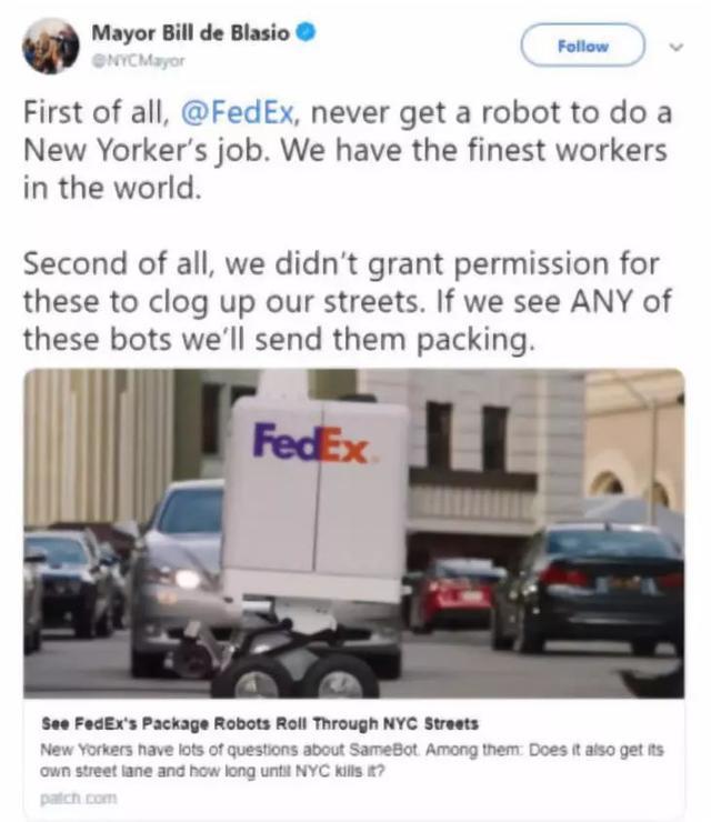危害公共安全？纽约市政府禁止联邦快递机器人上路