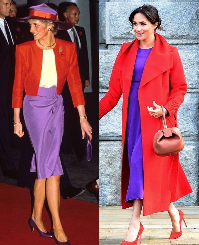 梅根王妃一袭紫裙美得闪耀，曾穿“红配紫”效仿戴安娜却输得彻底