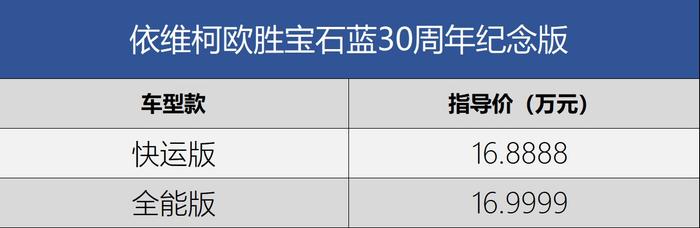 分别售16.8888/16.9999万 欧胜宝石蓝30周年版上市